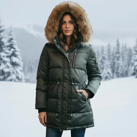 Mackage Small Down Parka Real Fur Trim Hood Long Puffer Coat Dark Green Womens S - Picture 2 of 16